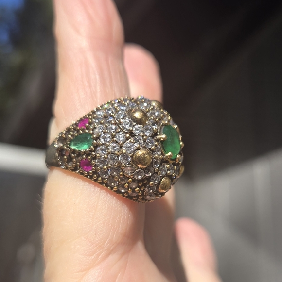 Emerald Topaz & ruby Sterling & Gold Large Ottoman ring Sz7.75 - Picture 4 of 14